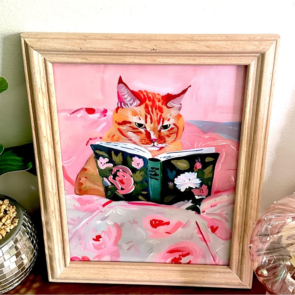 Orange Cat Book Worm Fluffy Flower Blanket Floral Framed Canvas Print Wall Art - Picture 3 of 8